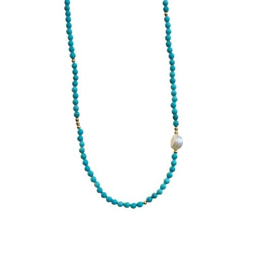 Brass Necklace, with turquoise & Freshwater Pearl, with 7CM extender chain, handmade, for woman, green, Length:Approx 39 cm, Sold By PC
