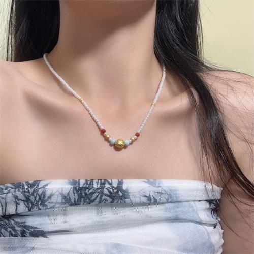 Messing Halskette, mit Edelstein & Glasperlen, mit Verlängerungskettchen von 7.5CM, handgemacht, für Frau, weiß, Länge:ca. 46 cm, verkauft von PC