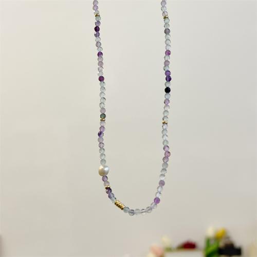 Titanstahl Halskette, mit Naturstein & Natürliche kultivierte Süßwasserperlen & Messing, handgemacht, für Frau, violett, Länge ca. 41-50 cm, verkauft von PC