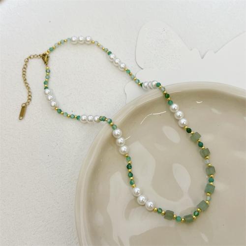 Brass Necklace, with Natural Stone & Glass Pearl, with 6CM extender chain, handmade, for woman, green, Length:Approx 42 cm, Sold By PC