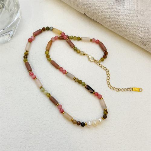 Titanstahl Halskette, mit Naturstein & Natürliche kultivierte Süßwasserperlen, mit Verlängerungskettchen von 6CM, plattiert, für Frau, farbenfroh, Länge:ca. 41 cm, verkauft von PC