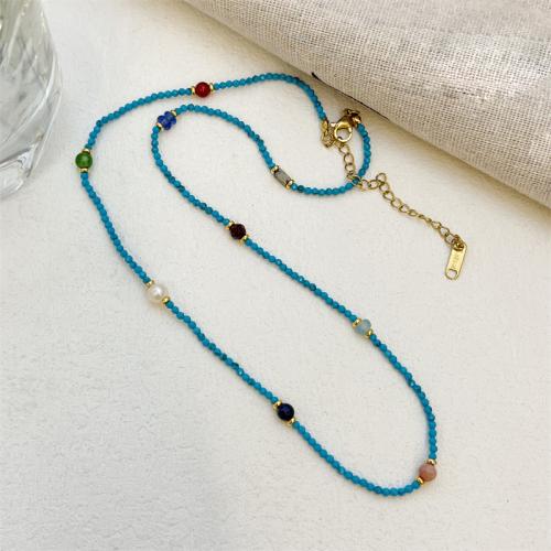 Brass Necklace, with Natural Stone & turquoise & Freshwater Pearl & Crystal, with 6CM extender chain, handmade, different styles for choice & for woman, more colors for choice, Length:Approx 37.5 cm, Sold By PC