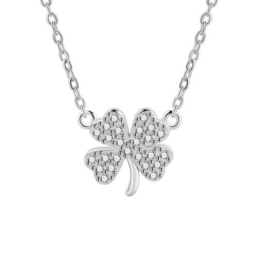 Cubic Zircon Micro Pave 925 Sterling Silver Necklace with 5CM extender chain Four Leaf Clover micro pave cubic zirconia & for woman platinum color Length Approx 39 cm Sold By PC