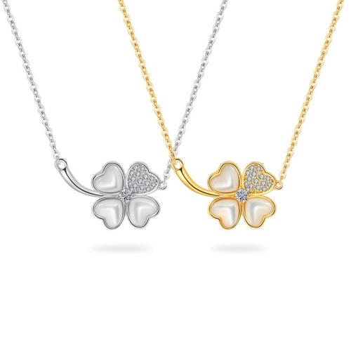 Cubic Zircon Micro Pave 925 Sterling Silver Necklace, with Shell, with 6CM extender chain, Four Leaf Clover, micro pave cubic zirconia & for woman, more colors for choice, Length:Approx 40 cm, Sold By PC