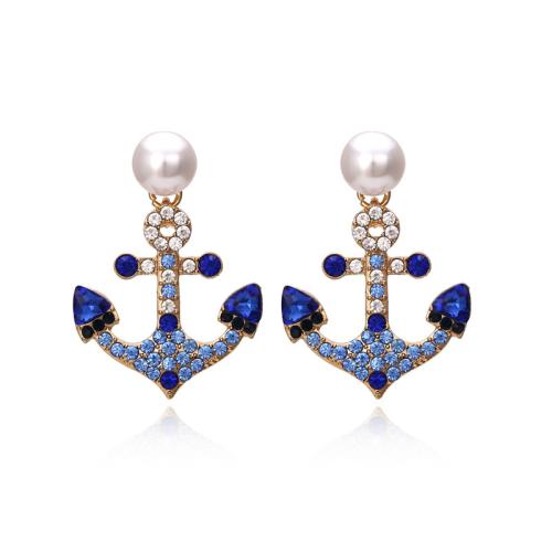 Tibetan Style Stud Earring, with Plastic Pearl, plated, for woman & with rhinestone, golden, 42x30mm, Sold By Pair
