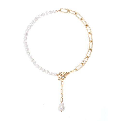 Plastik perle halskæde, Plastic Pearl, med jern kæde, forgyldt, for kvinde, gylden, Længde Ca. 48 cm, Solgt af PC