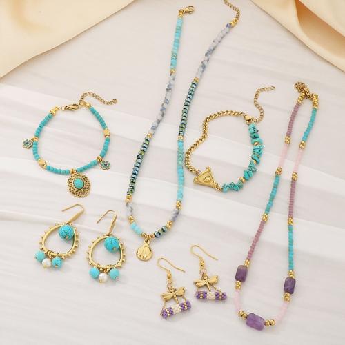 Fashion Stainless Steel Jewelry Sets bracelet & earring & necklace 304 Stainless Steel with turquoise & Shell Vacuum Ion Plating & for woman Sold By PC