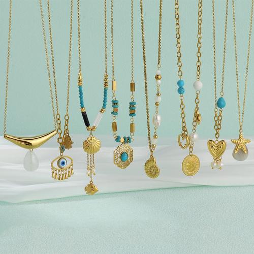 Stainless Steel Jewelry Necklace, 304 Stainless Steel, with turquoise & Plastic Pearl, Vacuum Ion Plating, different styles for choice & for woman & enamel, more colors for choice, Sold By PC