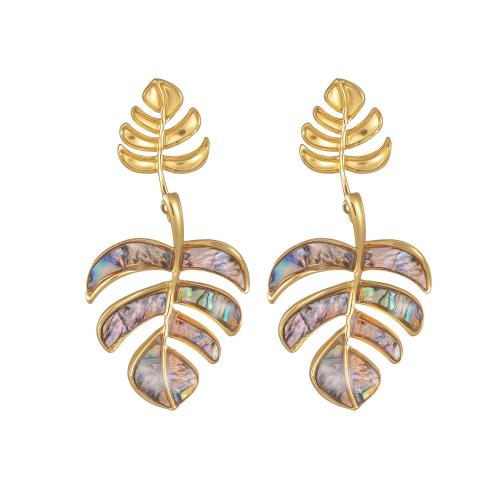 Titanium Steel Drop Earring, with Shell, Leaf, gold color plated, fashion jewelry & for woman, 34x68mm, Sold By Pair