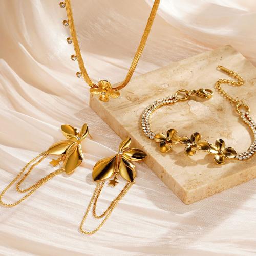 Titanium Steel Jewelry Set, Flower, gold color plated, different styles for choice & for woman & with rhinestone, Sold By PC
