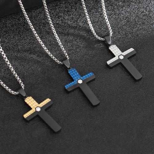 304 Stainless Steel Necklace, with Titanium Steel, Cross, plated, fashion jewelry & for man & with rhinestone, more colors for choice, Length:Approx 23.6 Inch, Sold By PC