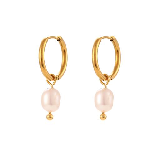 Huggie Hoop Drop Earring, 304 Stainless Steel, with Freshwater Pearl, 18K gold plated, fashion jewelry & for woman, golden, Sold By Pair