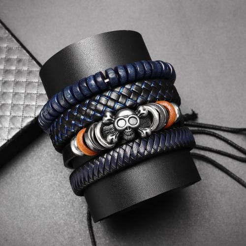 PU Leather Cord Bracelets, Tibetan Style, with PU Leather, 4 pieces & fashion jewelry & for man, Inner Diameter:Approx 65mm, Sold By PC