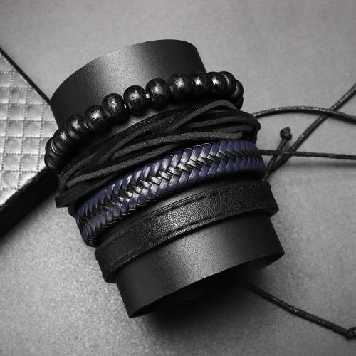 PU Leather Cord Bracelets, with Wax Cord & Wood, 4 pieces & fashion jewelry & for man, Inner Diameter:Approx 70mm, Sold By Set