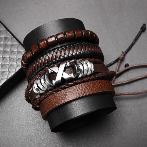 PU Leather Cord Bracelets, Tibetan Style, with PU Leather, 4 pieces & fashion jewelry & for man, Inner Diameter:Approx 65mm, Sold By Set