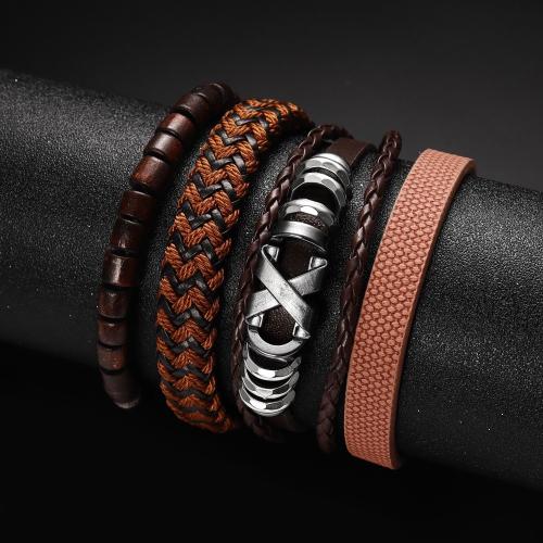 PU Leather Cord Bracelets, Tibetan Style, with PU Leather, 4 pieces & fashion jewelry & for man, Inner Diameter:Approx 70mm, Sold By Set
