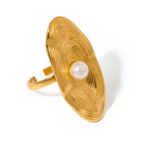 Stainless Steel Finger Ring, 304 Stainless Steel, with Plastic Pearl, 18K gold plated, fashion jewelry & for woman, golden, Sold By PC