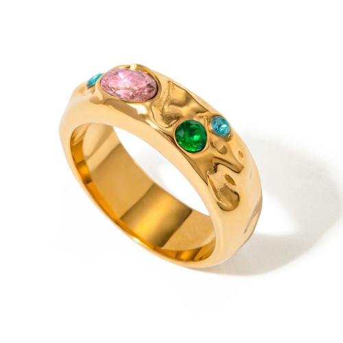 Cirkónia Rozsdamentes acél Ujj gyűrű, 304 rozsdamentes acél, 18K aranyozott, divat ékszerek & mikro egyengetni cirkónia & a nő, aranysárga, Által értékesített PC