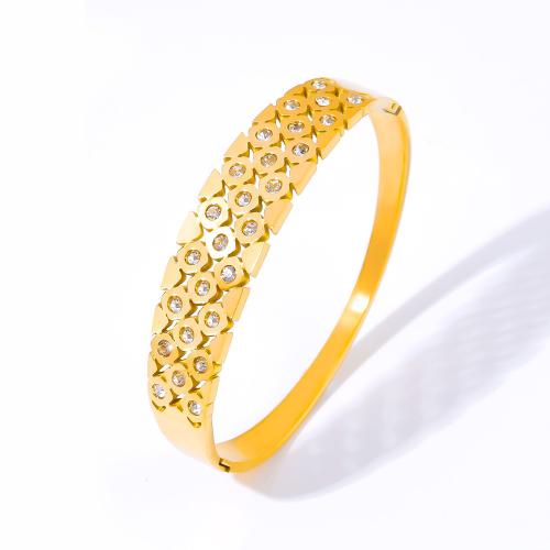 Titanium Steel Bracelet & Bangle, with Czech Rhinestone, 18K gold plated, fashion jewelry & for woman, golden, 14mm, Inner Diameter:Approx 62mm, Sold By PC