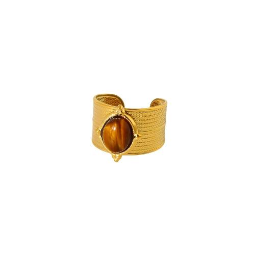 Stainless Steel Finger Ring, 304 Stainless Steel, with Tiger Eye, Vacuum Ion Plating, Adjustable & fashion jewelry & for woman, golden, 19x14mm, Sold By PC