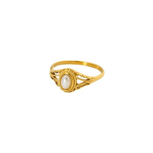 Vinger Ring in edelstaal, 304 roestvrij staal, met Plastic Pearl, mode sieraden & verschillende grootte voor keus & voor vrouw, gouden, 9.50mm, Verkocht door PC