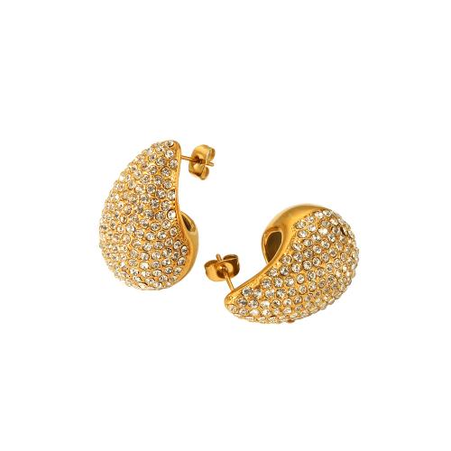 Stainless Steel Stud Earrings, 304 Stainless Steel, Teardrop, Vacuum Ion Plating, fashion jewelry & for woman & with rhinestone, golden, 19.50x32.10mm, Sold By Pair