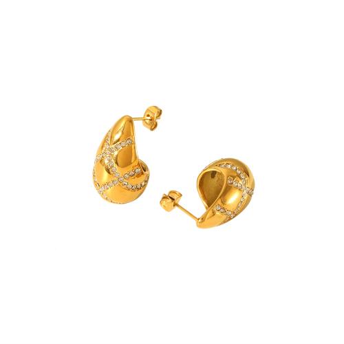 Boucle d'oreille de gaujon en acier inoxydable, Acier inoxydable 304, larme, bijoux de mode & pour femme & avec strass, doré, 16x27mm, Vendu par paire