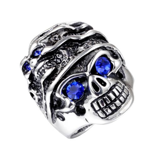 Rhinestone Stainless Steel Finger Ring 304 Stainless Steel Skull fashion jewelry & for man & with rhinestone original color 30.90mm Sold By PC