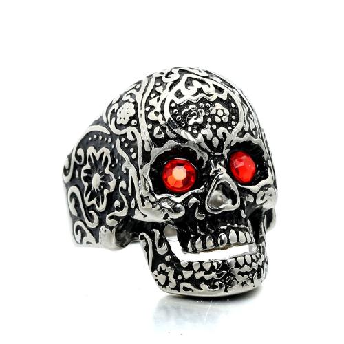 Stainless Steel Finger Ring 304 Stainless Steel Skull Vacuum Ion Plating fashion jewelry & for man & with rhinestone 28mm Sold By PC
