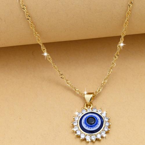 Evil Eye Jewelry Necklace, Brass, gold color plated, evil eye pattern & micro pave cubic zirconia & for woman, blue, nickel, lead & cadmium free, Length:44 cm, Sold By PC