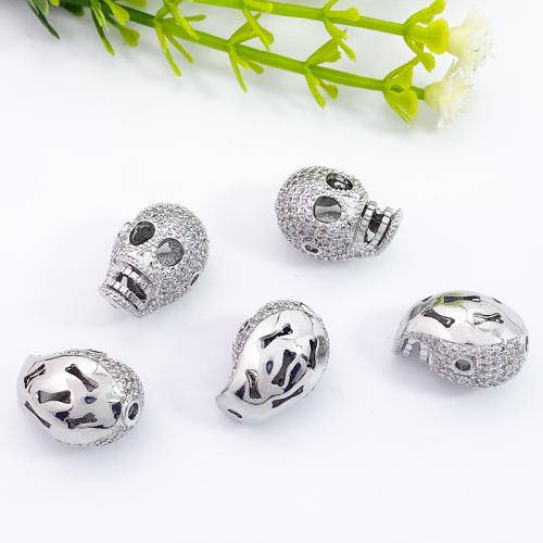 Cubic Zirconia Micro Pave Brass Beads, Skull, silver color plated, DIY & micro pave cubic zirconia, nickel, lead & cadmium free, 17x12mm, Sold By PC