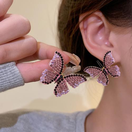 Tibetan Style Stud Earring, Butterfly, plated, fashion jewelry & with rhinestone, more colors for choice, nickel, lead & cadmium free, 33x26mm, Sold By Pair
