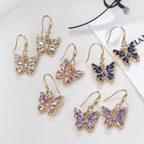 Tibetan Style Drop Earrings, Butterfly, gold color plated, fashion jewelry & with rhinestone, more colors for choice, nickel, lead & cadmium free, 17x30mm, Sold By Pair