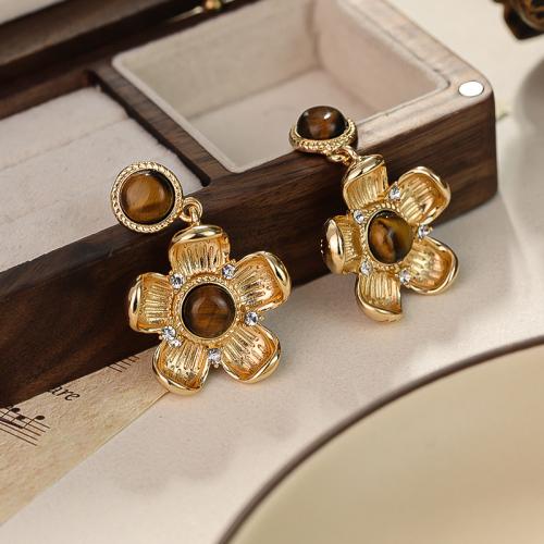 Zinc Alloy Drop Earrings with Tiger Eye Flower gold color plated fashion jewelry & with rhinestone golden nickel lead & cadmium free Sold By Pair