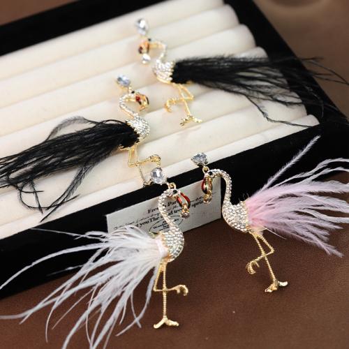 Tibetan Style Drop Earrings, with Feather, Animal, gold color plated, fashion jewelry & with rhinestone, more colors for choice, nickel, lead & cadmium free, 65x80mm, Sold By Pair