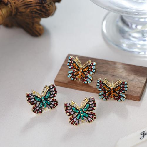 Tibetan Style Stud Earring, Butterfly, gold color plated, fashion jewelry & with rhinestone, more colors for choice, nickel, lead & cadmium free, 21x16mm, Sold By Pair
