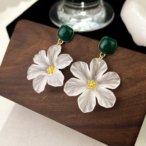 Tibetan Style Drop Earrings, Flower, gold color plated, fashion jewelry & enamel & with rhinestone, white, nickel, lead & cadmium free, 30x45mm, Sold By Pair