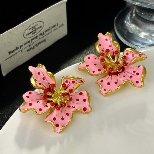 Tibetan Style Stud Earring, Flower, silver color plated, fashion jewelry & enamel, pink, nickel, lead & cadmium free, 40x40mm, Sold By Pair