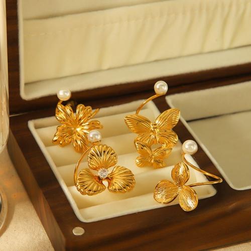 Edelstahl Ringe, 304 Edelstahl, mit Kunststoff Perlen, Blume, goldfarben plattiert, Modeschmuck & verschiedene Muster für Wahl, goldfarben, verkauft von Paar