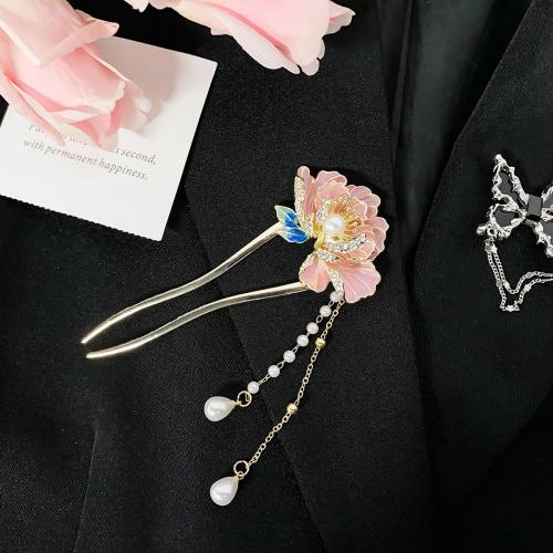 Hair Stick Zinc Alloy with Plastic Pearl Flower plated fashion jewelry & enamel pink nickel lead & cadmium free Sold By PC