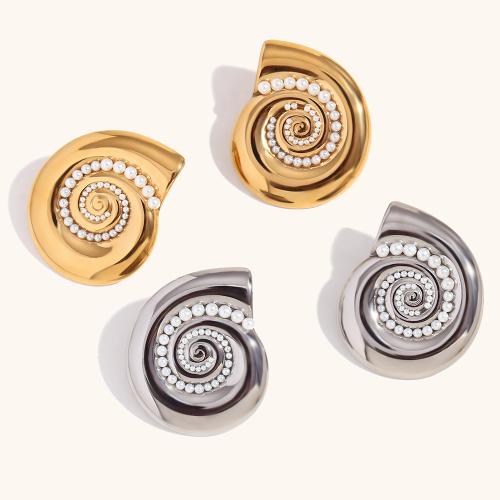 Stainless Steel Stud Earrings, 304 Stainless Steel, with Plastic Pearl, Conch, plated, fashion jewelry & for woman, more colors for choice, 30x25.70mm, Sold By Pair