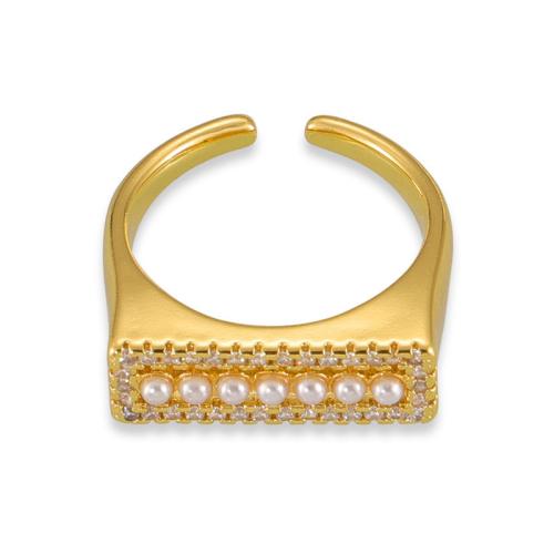 Brass Finger Ring, with Plastic Pearl, fashion jewelry & for woman & with rhinestone, gold, US Ring Size:7, Sold By PC