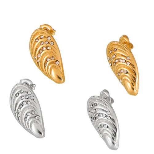 Stainless Steel Stud Earrings, 304 Stainless Steel, Shell, plated, fashion jewelry & for woman & with rhinestone, more colors for choice, Sold By Pair