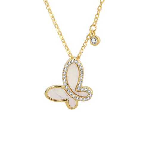 Cubic Zircon Micro Pave 925 Sterling Silver Necklace, with Shell, with 4CM extender chain, Butterfly, micro pave cubic zirconia & for woman, golden, Length:Approx 41 cm, Sold By PC
