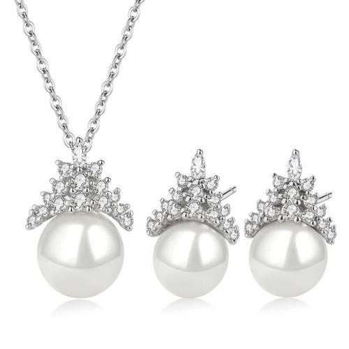 925 Sterling Silver Jewelry Sets, with Freshwater Pearl, different styles for choice & micro pave cubic zirconia & for woman, platinum color, Sold By PC