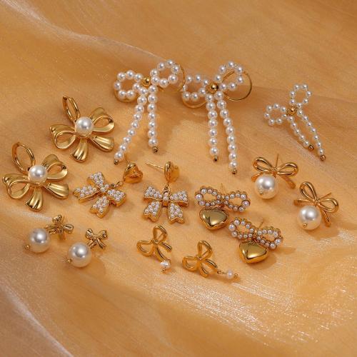 Stainless Steel Stud Earrings 304 Stainless Steel with Plastic Pearl plated & for woman golden Sold By Pair