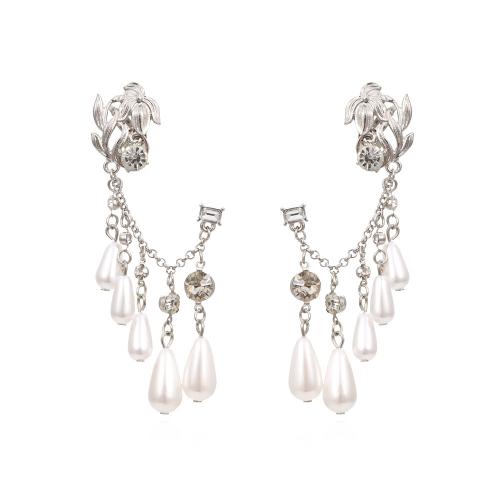 Zinc Alloy Stud Earring with Plastic Pearl for woman & with rhinestone platinum color Sold By Pair