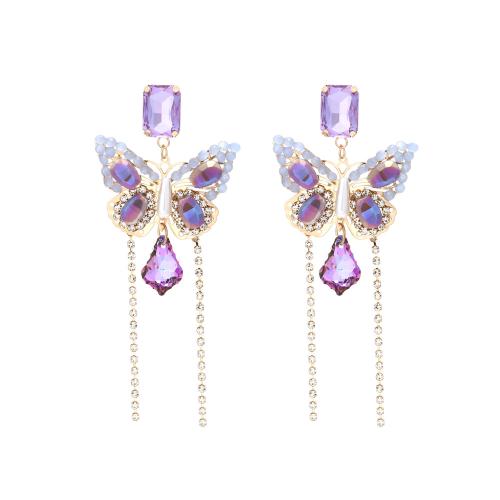 Tibetan Style Stud Earring, with Resin, for woman & with rhinestone, purple, 93x39mm, Sold By Pair