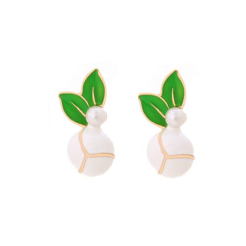 Tibetan Style Stud Earring, with Plastic Pearl, plated, for woman & enamel, white, 32x20mm, Sold By Pair