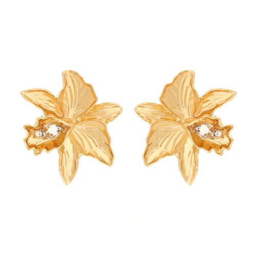 Tibetan Style Stud Earring, plated, for woman & with rhinestone, golden, 45x41mm, Sold By Pair